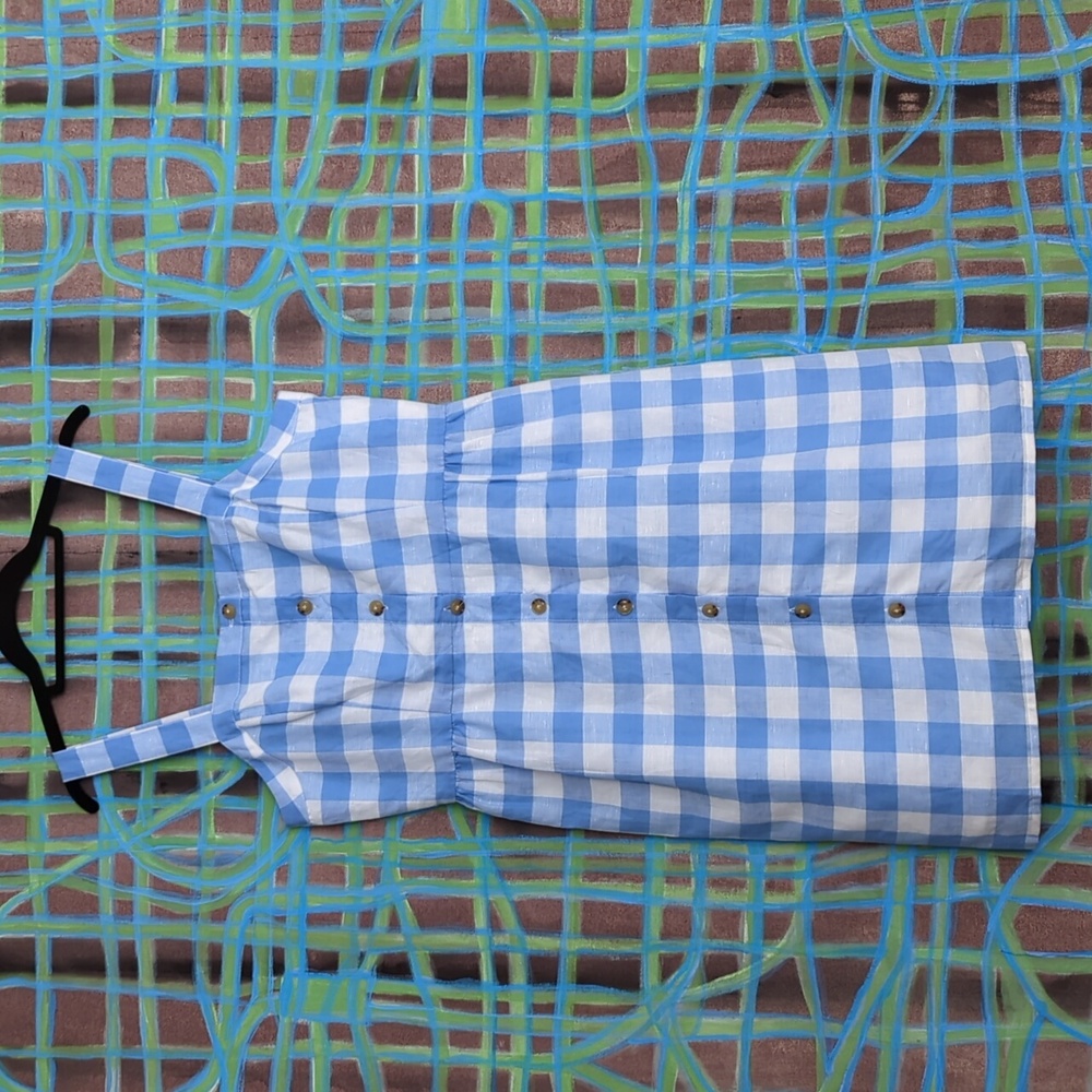 J. Crew Women gingham Button Front Dress Linen Blend Blue White Size 8